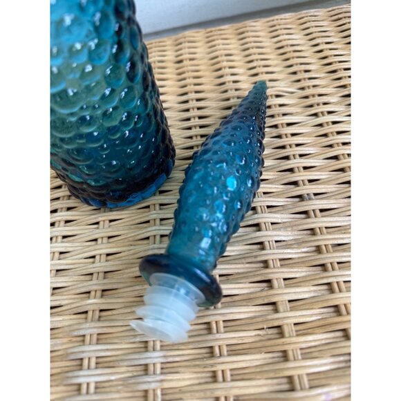 Vintage MCM Empoli Italy Glass Bottle Decanter Turquoise Blue Hobnail Bubble 22" - Picture 7 of 16
